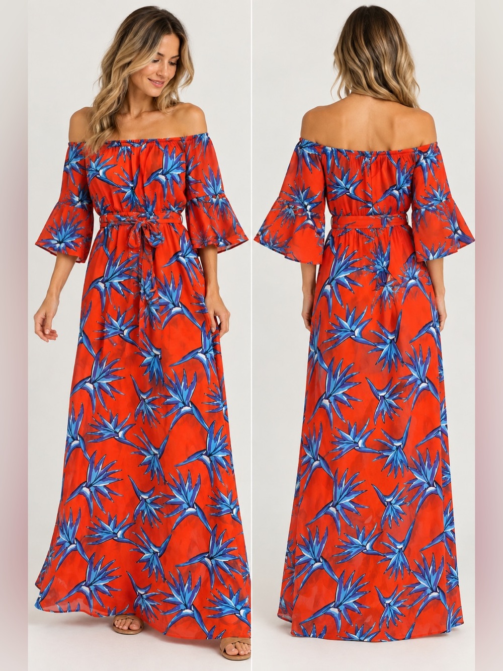 Luxology Womens Size 6 Tropical Floral Maxi Dress Orange Blue Bell Sleeve Boho